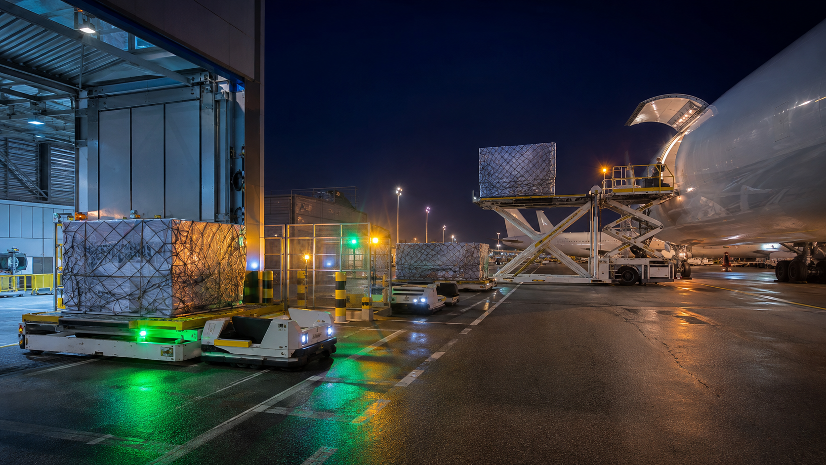 Koordinierte Luftfracht zwischen Lager, Transportfahrzeug und Flugzeug